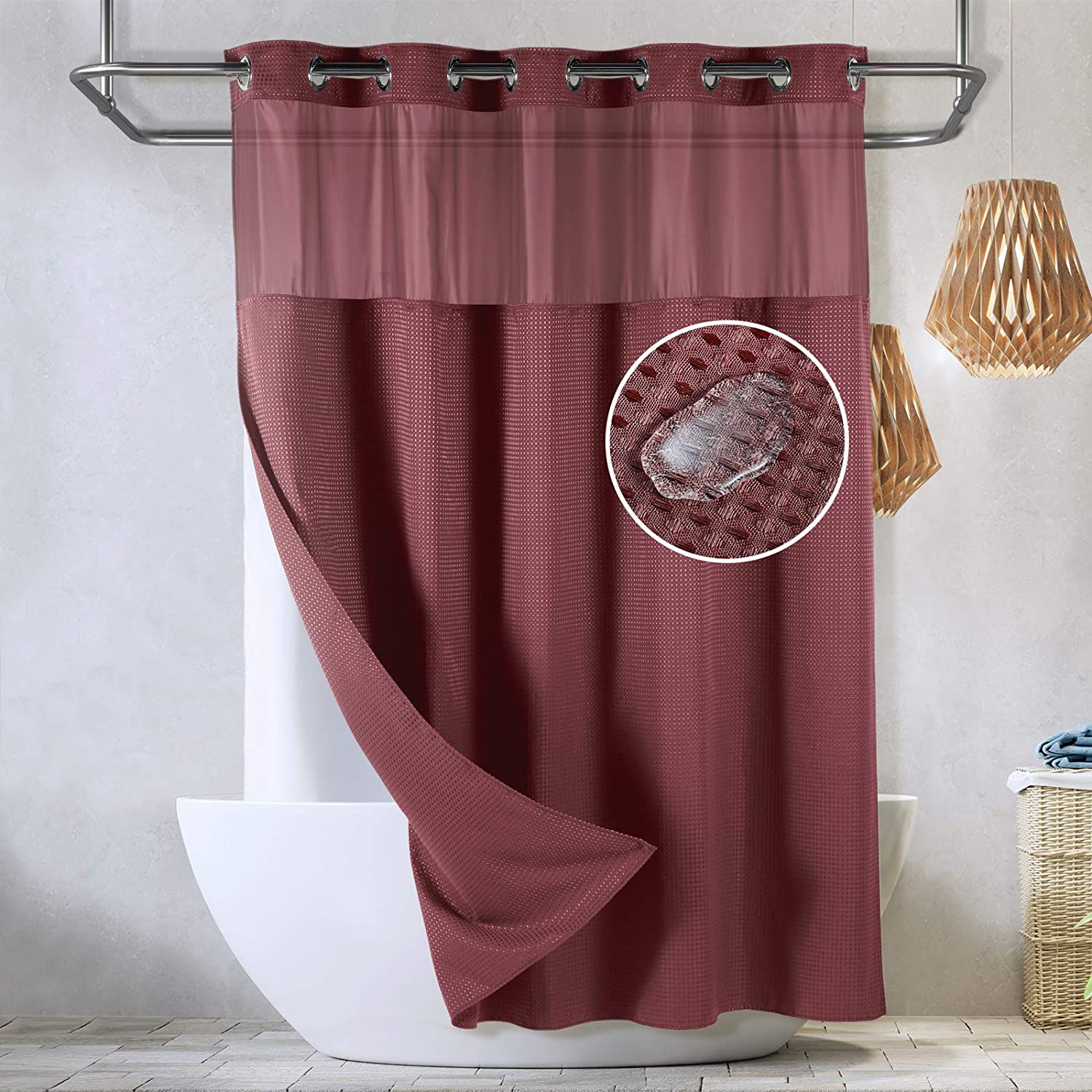 Lagute SnapHook Hook Free Waffle Fabric Shower Curtain with Snap