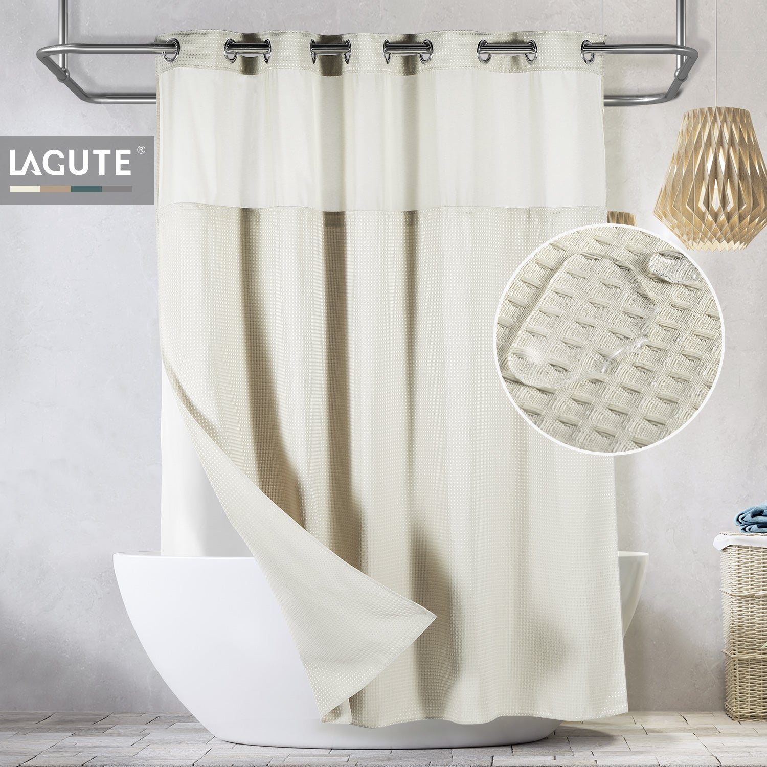 Lagute SnapHook HookFree Shower Curtain with Snap-in Liner, Cream – lagute